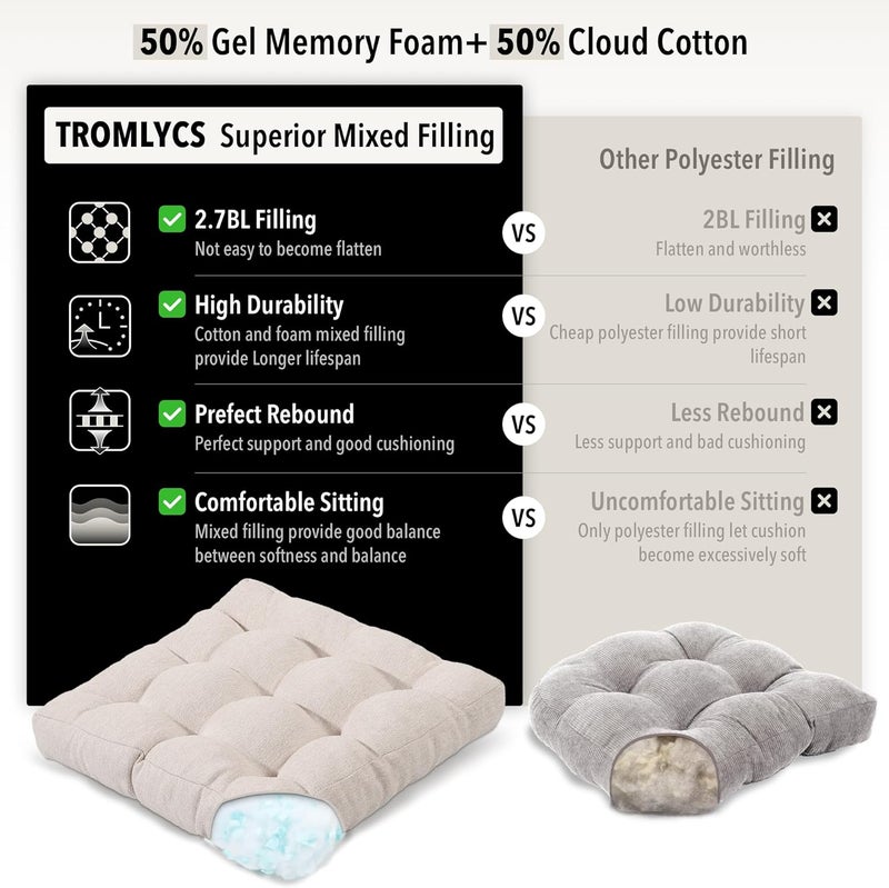 Tromlycs Floor Pillow Cushions for Adults Set of 2 Large Square Gel Memory Foam Pillows for Seating 20 x 20 x 4 Inch Beige - Image 4